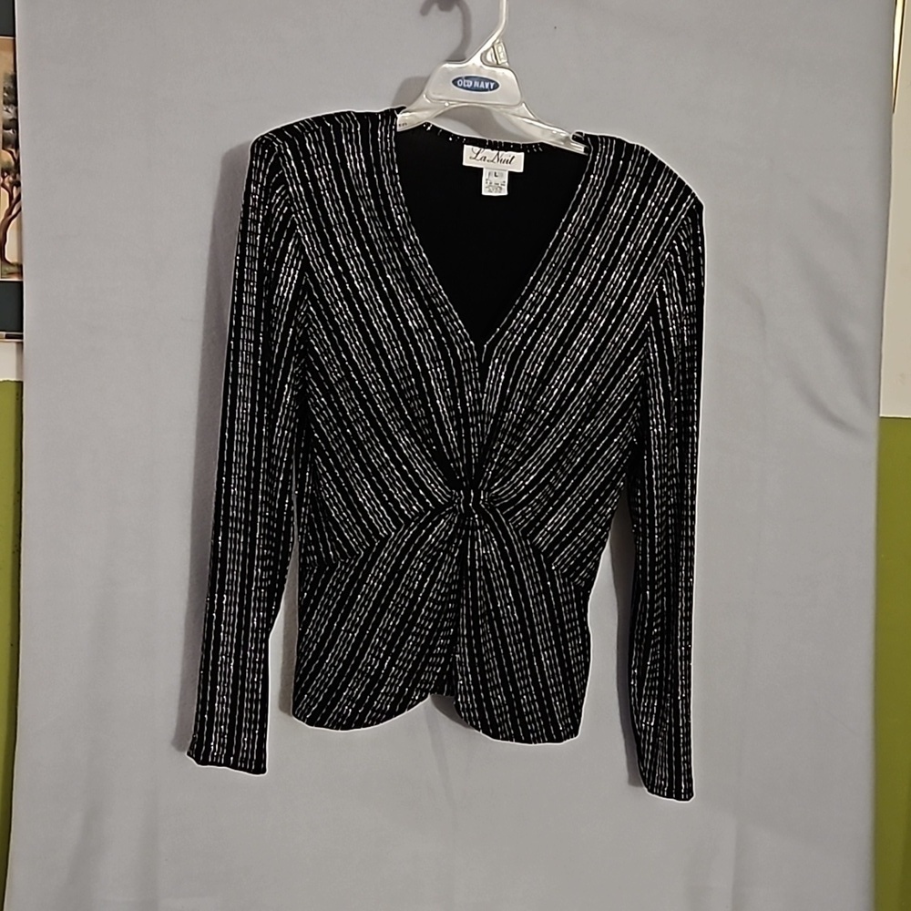 Vintage La Nuit Long Sleeve  Top Sz L Black with  Silver wave embellishments